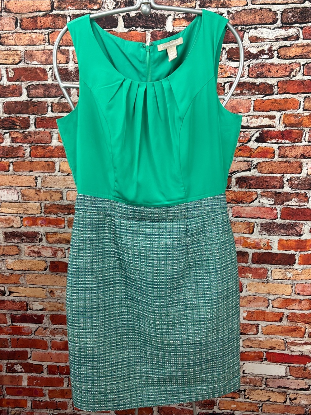 Banana Republic Grass Green Pleated Bodice Tweed Bottom Midi Dress Size 8